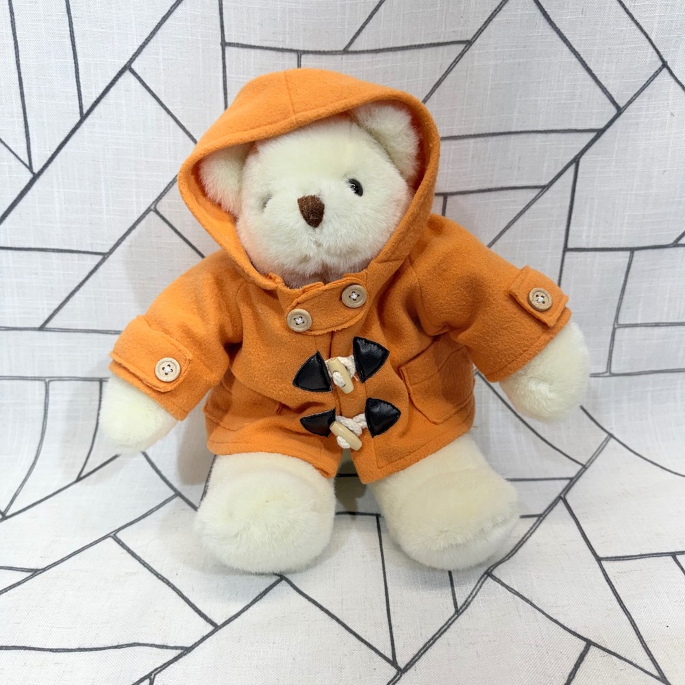 Grove International Teddy Bear 10" Cream Orange Hooded Duffle Coat Toggle Plush